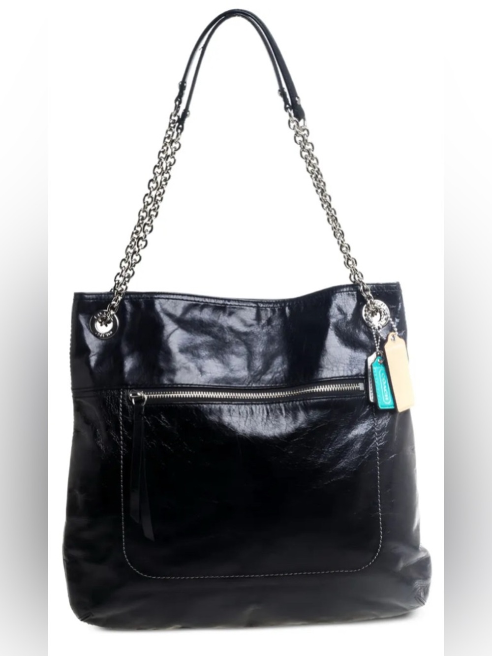 🎉HOST PICK🎉 NWT Coach Poppy Leather Slim Tote Blk Crackled Leather - Picture 3 of 17
